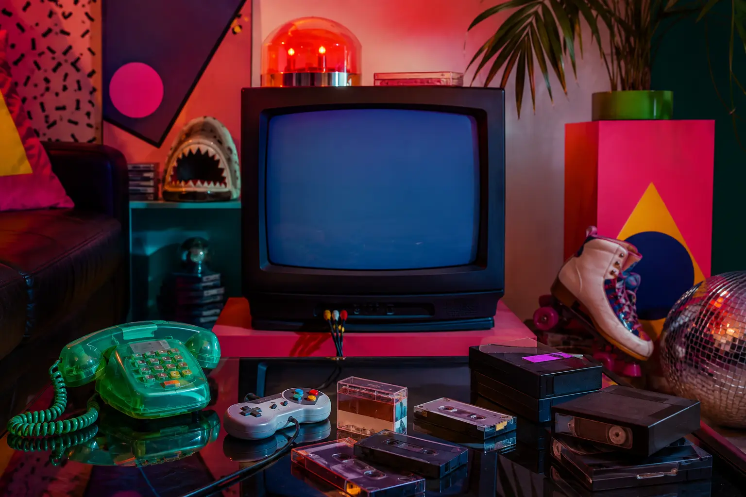 Colorful collection of 1990s technology including a CRT television, translucent telephone, cassette tapes, VHS tapes, and roller skates