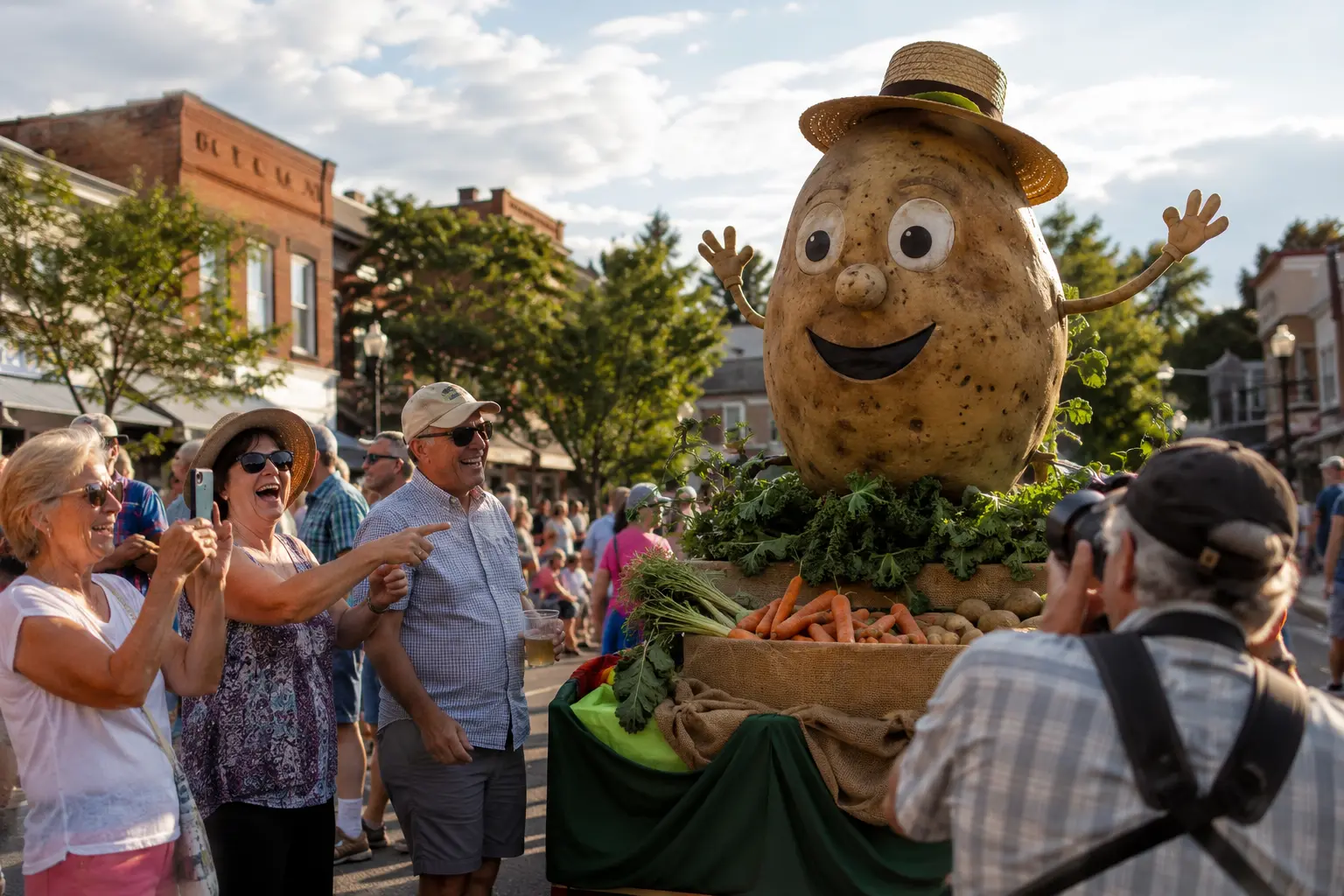 Adults laughing and taking pictures of a giant potato mascot on a small-town festival float