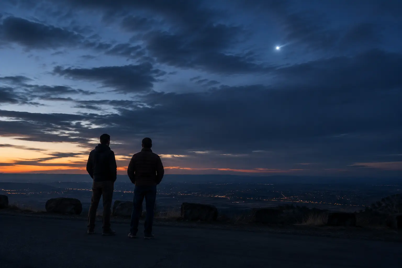 Two people watching an unexplained light move through a cloudy twilight sky