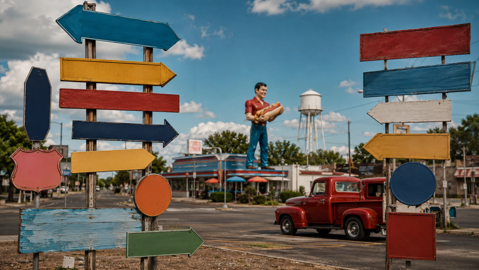 Colorful blank roadside town signs at a whimsical small American junction