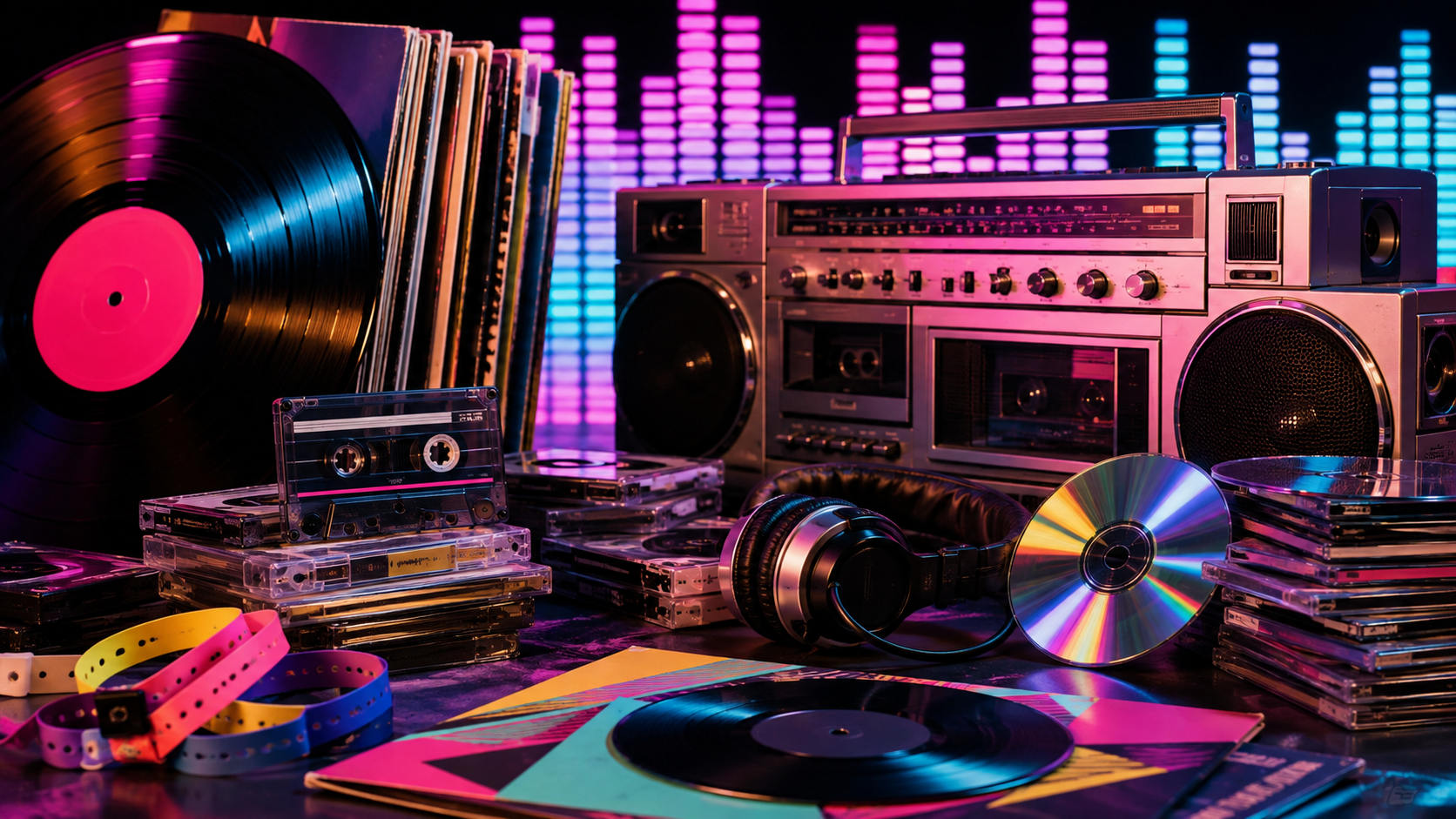 Original DJF still life of vinyl records, cassettes, CDs, headphones and a boombox