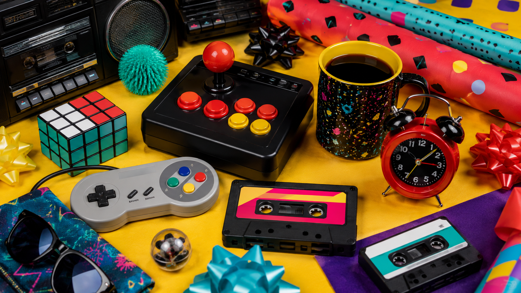 Original DJF flat lay of retro Gen X gifts, arcade controls, cassettes and colorful wrapping paper
