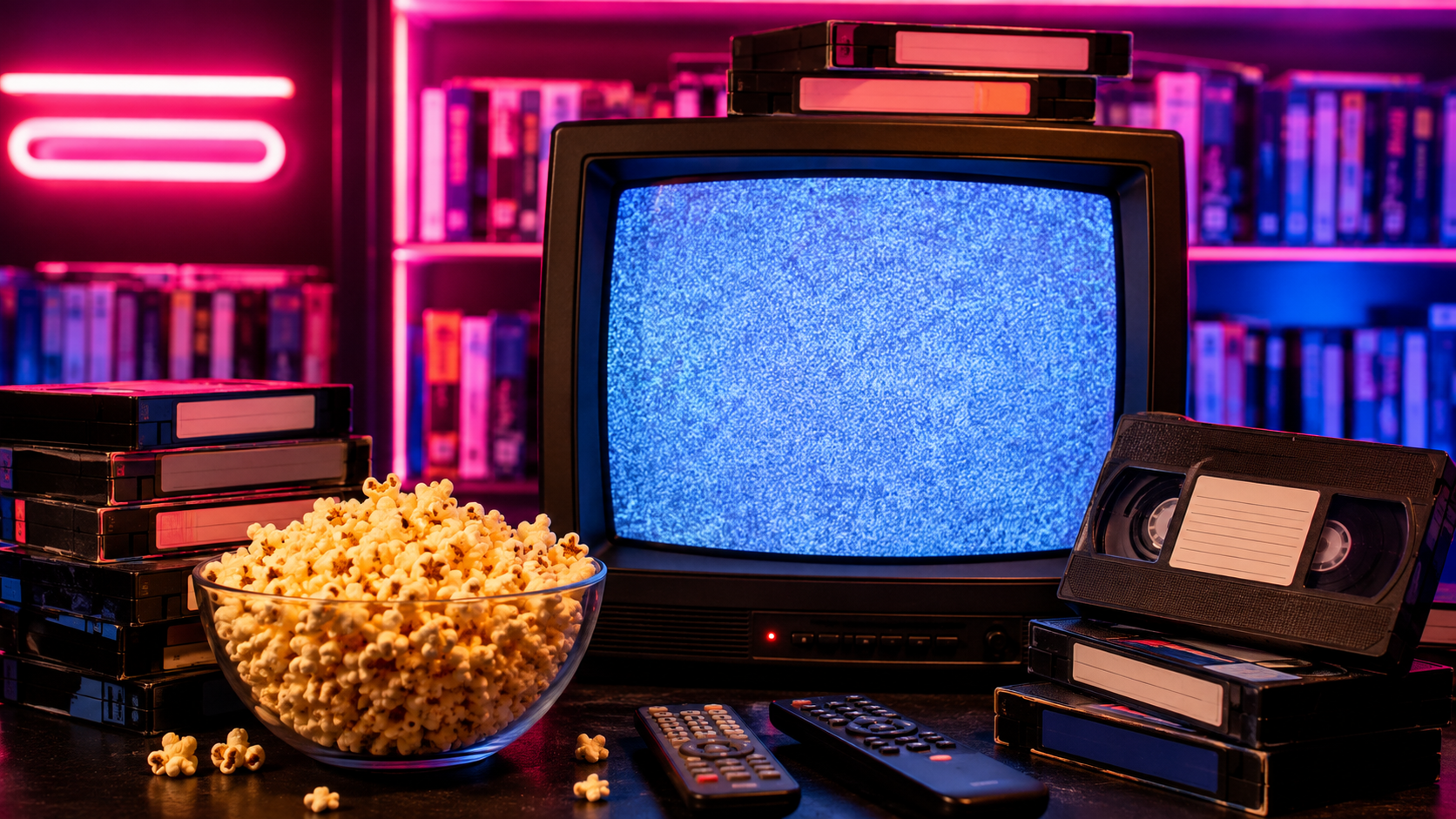 Original DJF still life of VHS tapes, a CRT television, remotes and popcorn in a neon video store