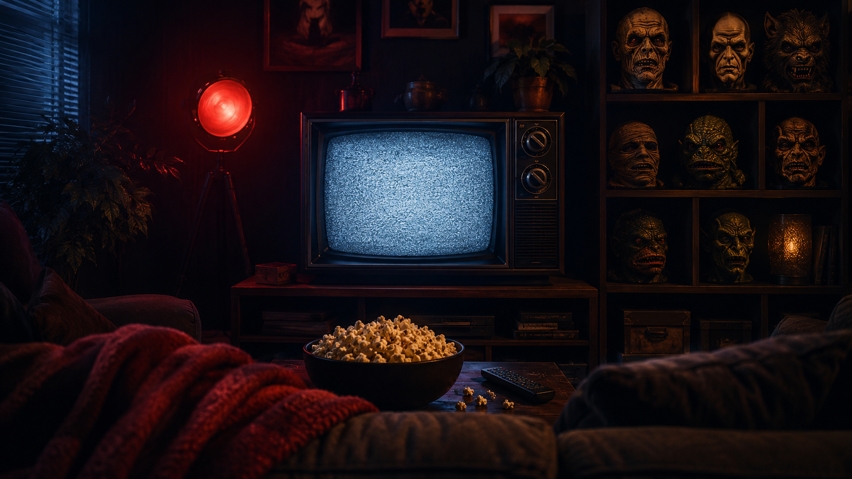 Original DJF horror movie-night scene with a CRT television, popcorn and practical monster masks