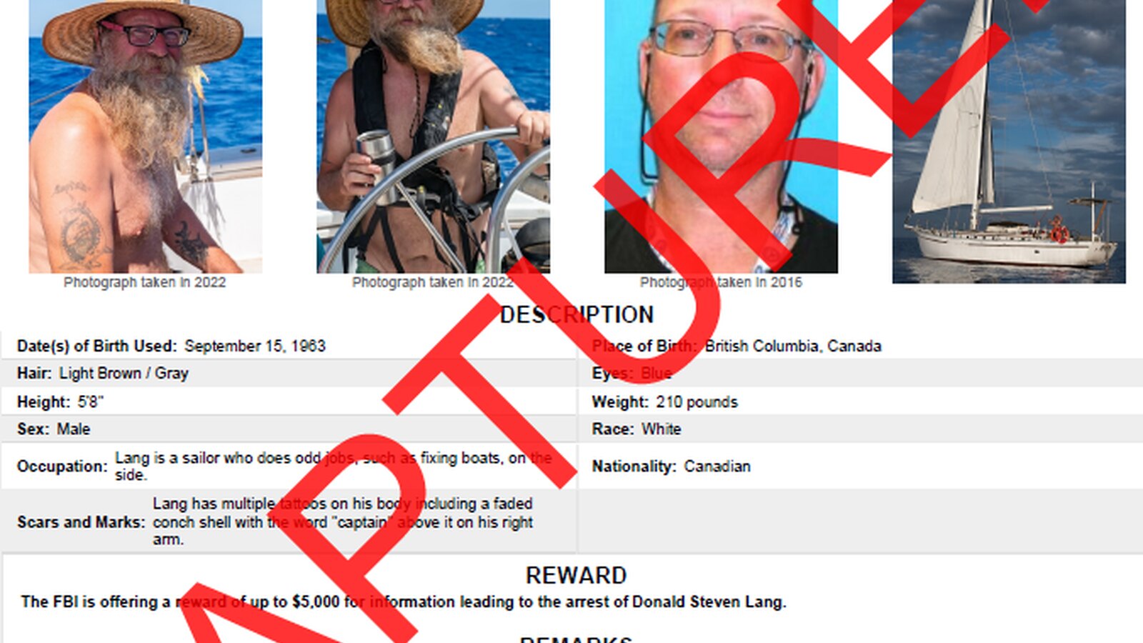FBI captured poster showing Donald Steven Lang, his sailboat and identifying information
