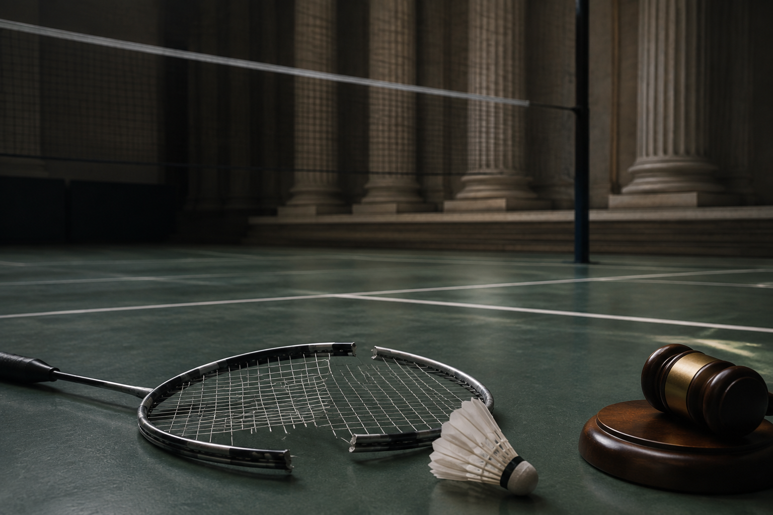 Representative broken badminton racket and gavel on an empty indoor court