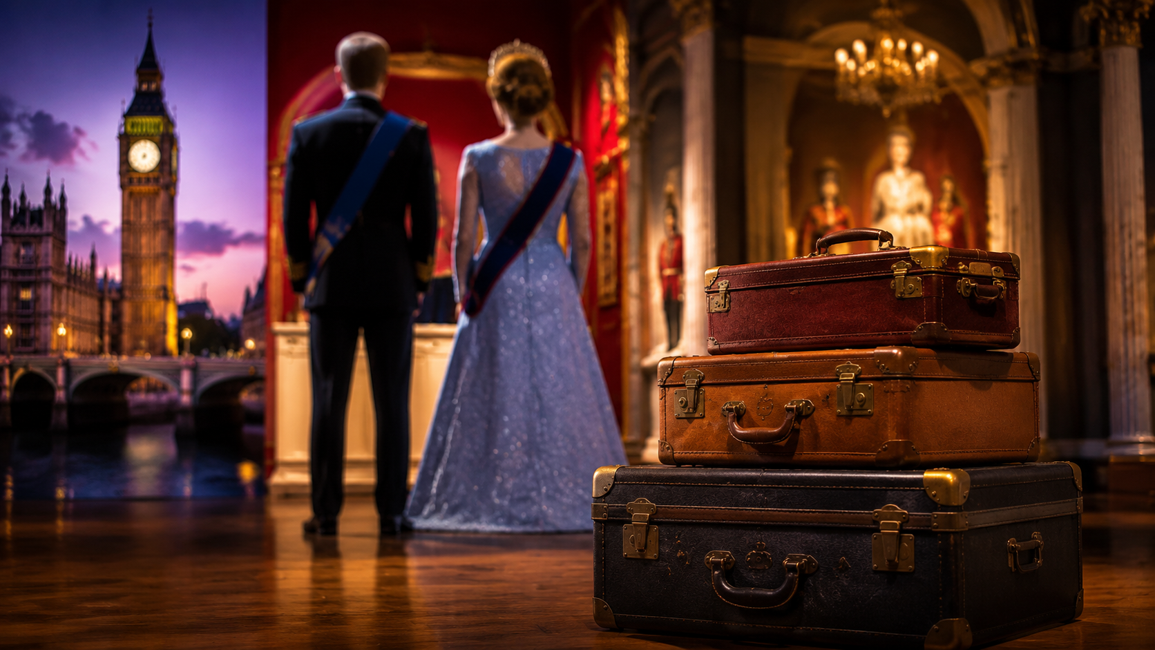Royal-style wax figures seen from behind with vintage suitcases in a London museum