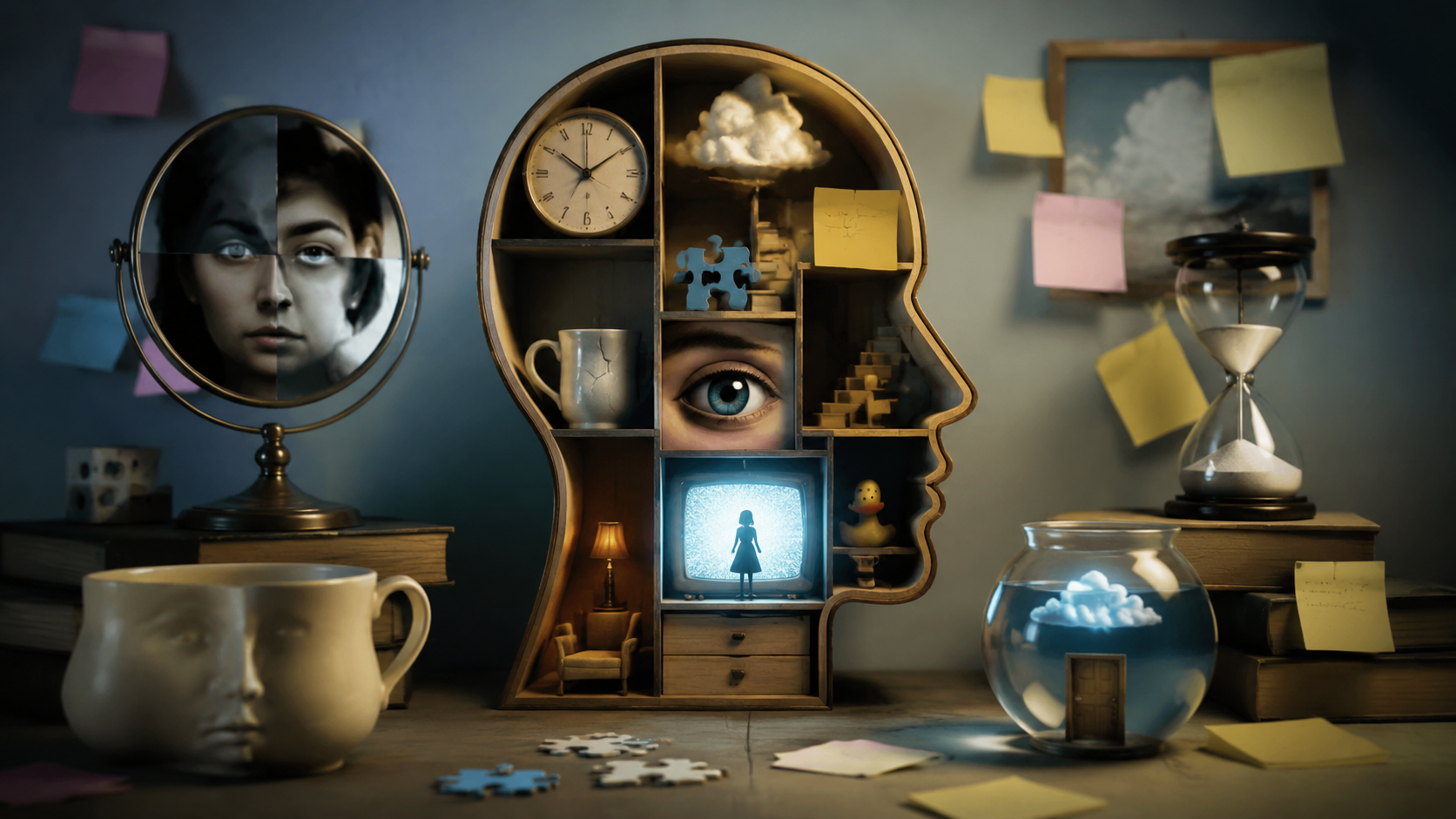 Surreal memory puzzle with mirrors clocks sticky notes and familiar objects that look slightly wrong