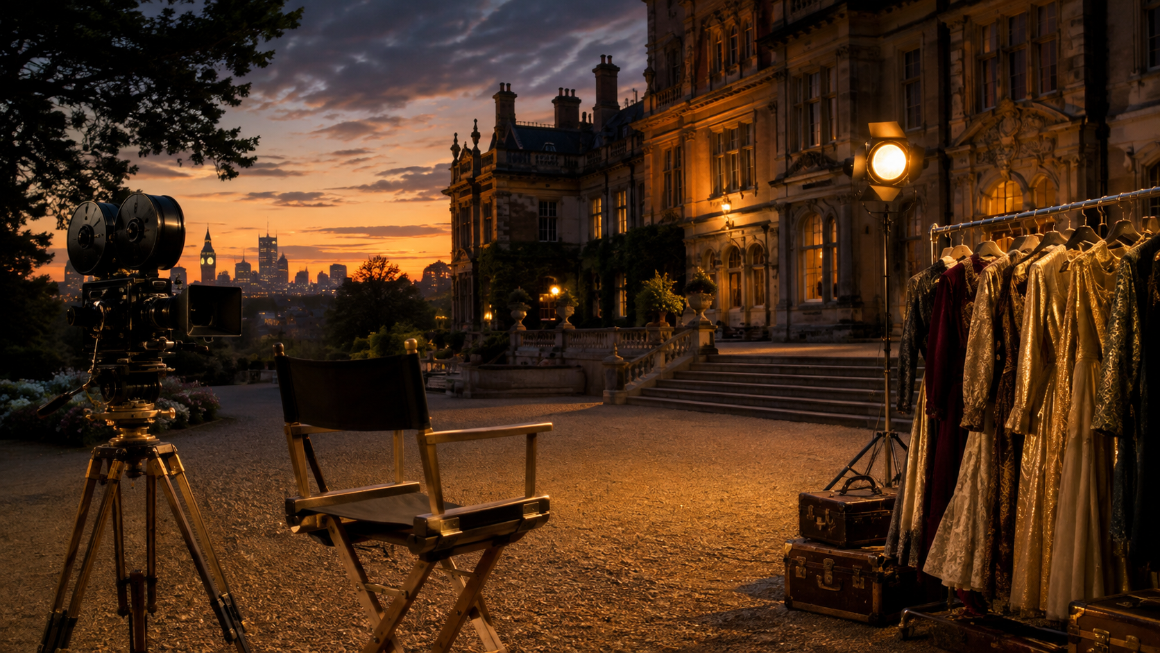 British manor film set with a vintage camera and costume rack at sunset