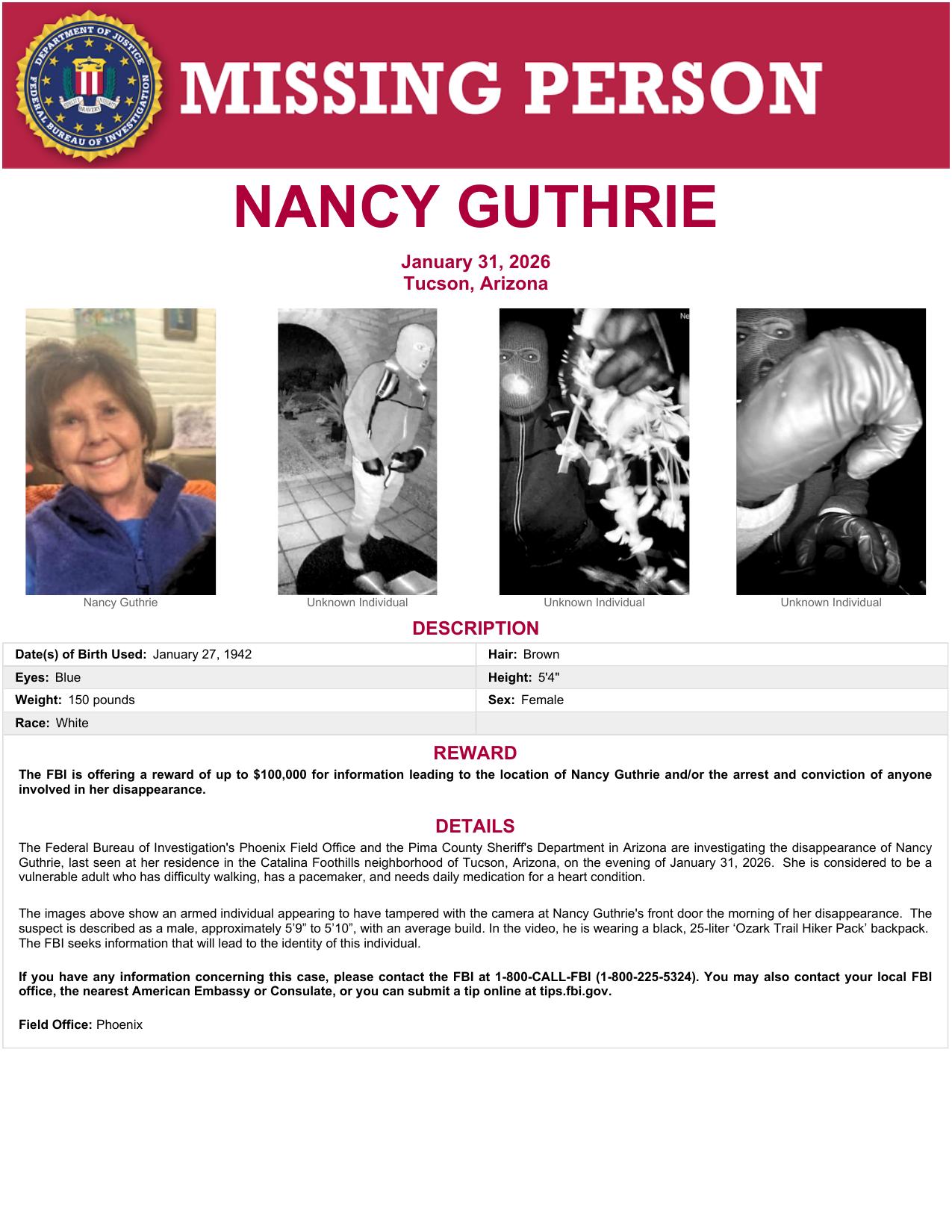Official FBI missing-person poster for Nancy Guthrie