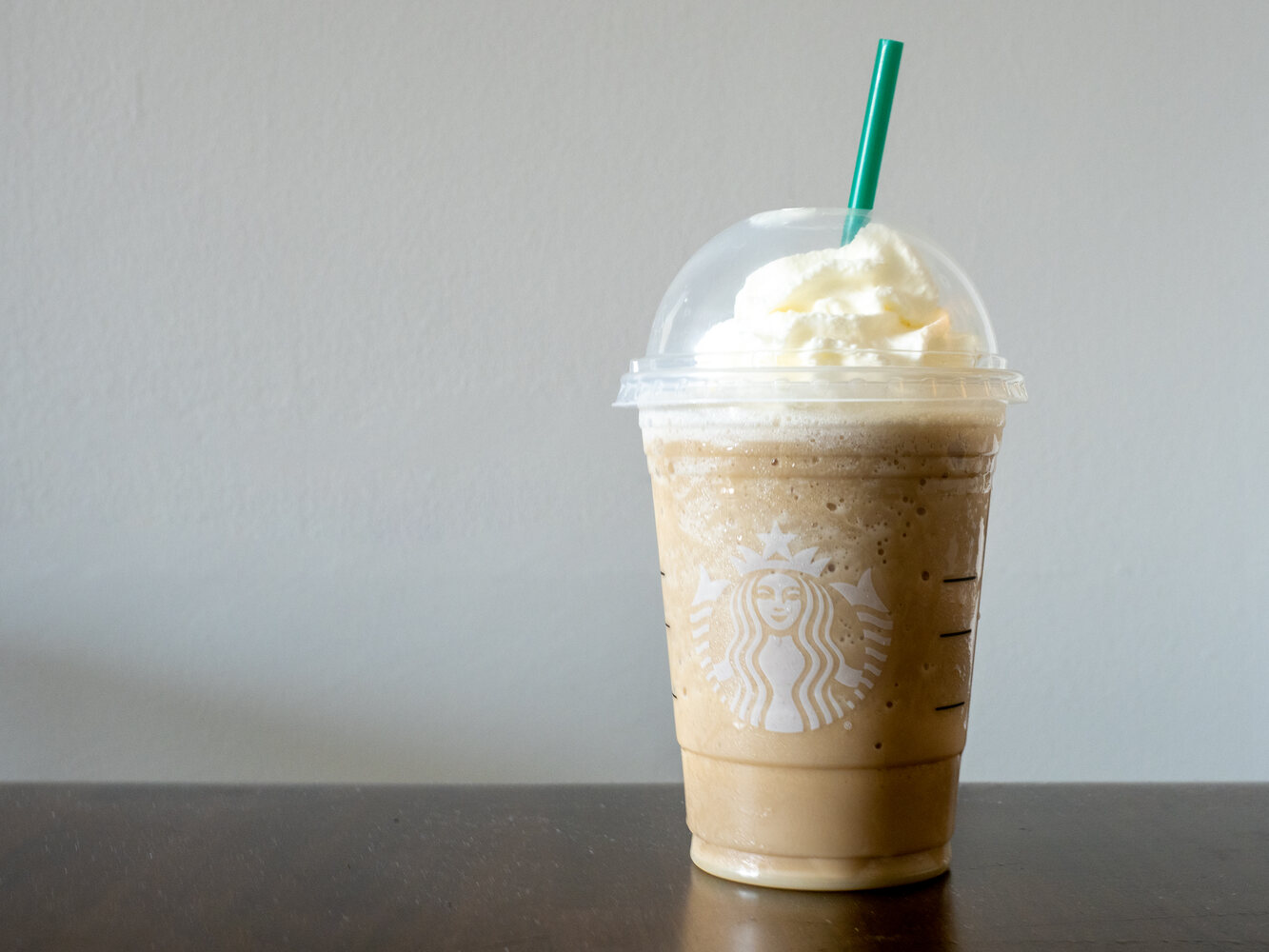 A Starbucks Coffee Frappuccino in a clear branded cup