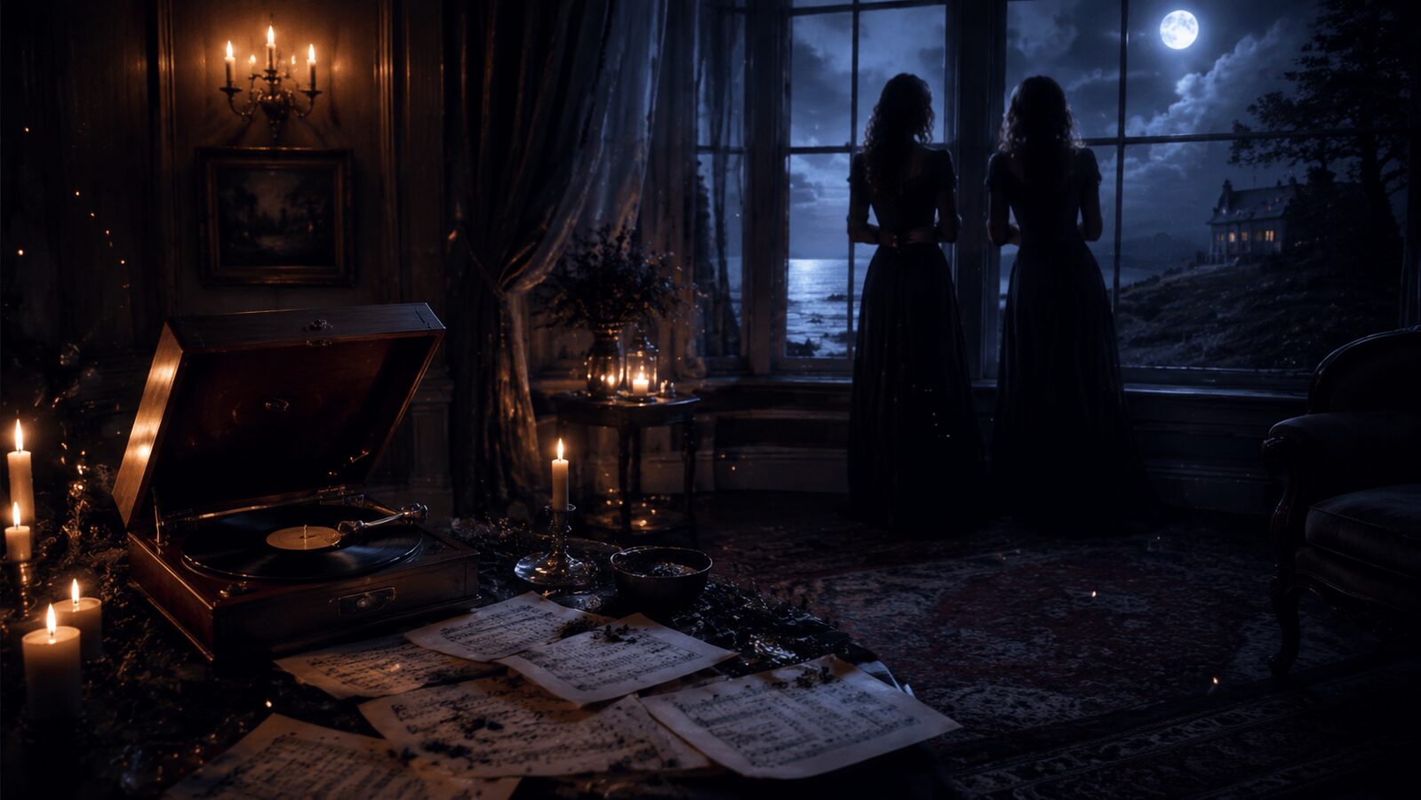 Original moonlit editorial illustration of two women in a candlelit coastal home beside a record player