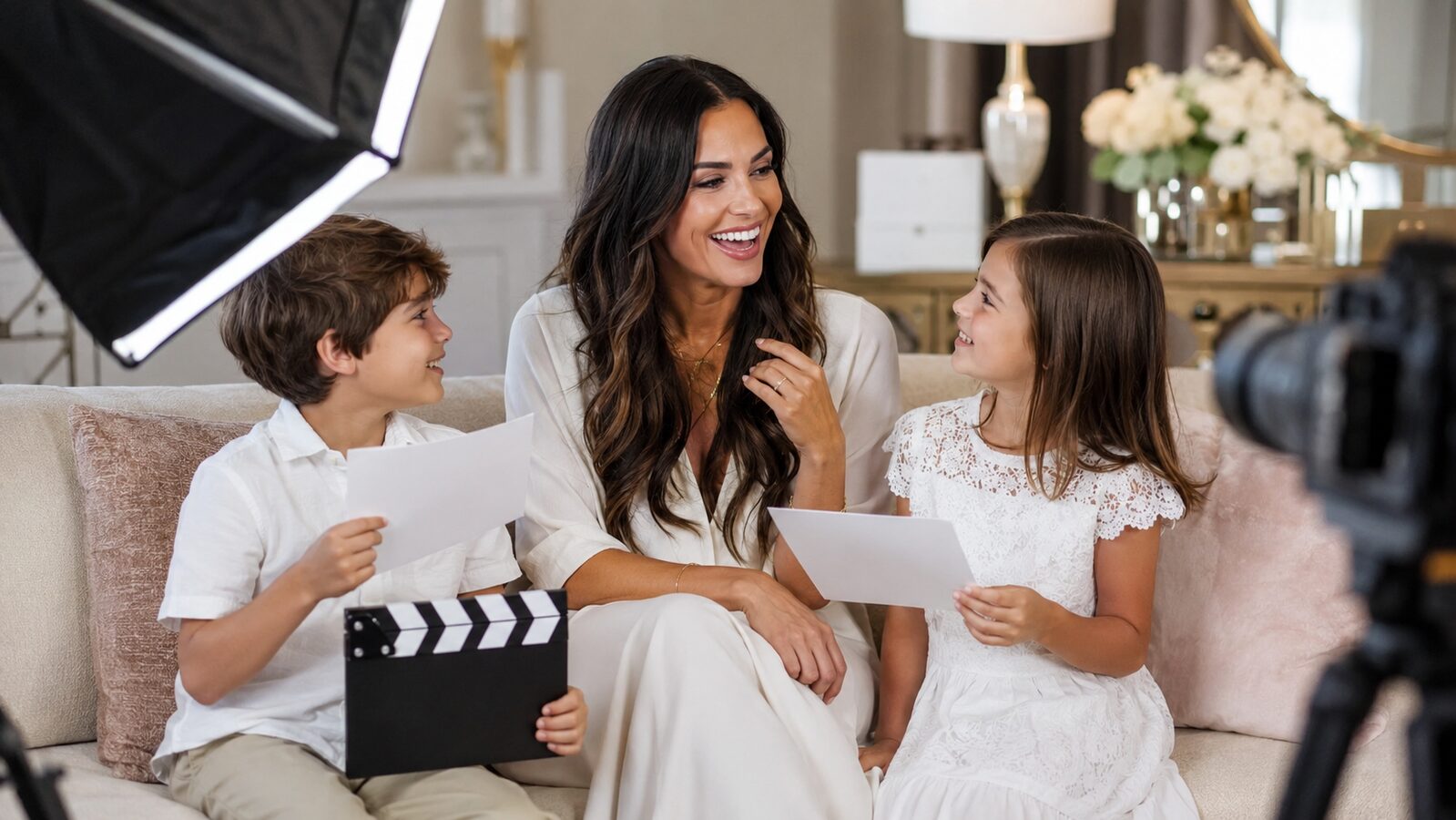 Original editorial illustration of a dark-haired mother being interviewed by two children with cue cards and a toy clapperboard