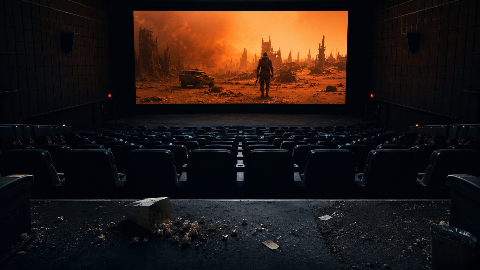 Original editorial illustration of a nearly empty movie theater showing a desert survival film