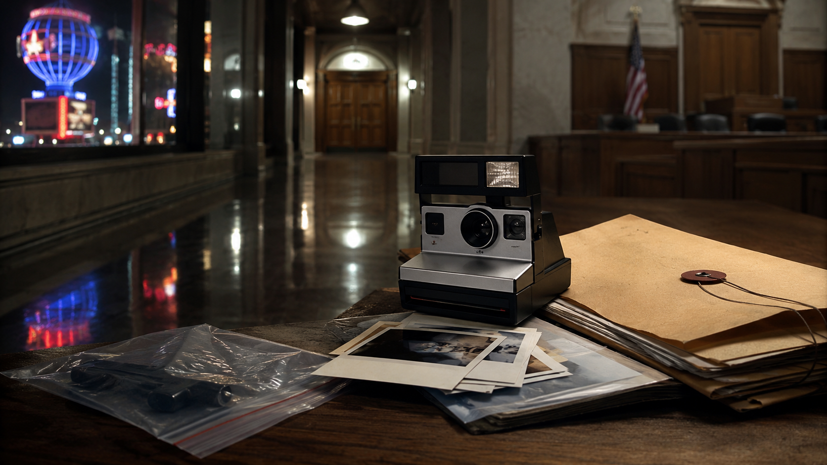 Vintage instant camera and evidence folders in a courthouse with Las Vegas lights outside