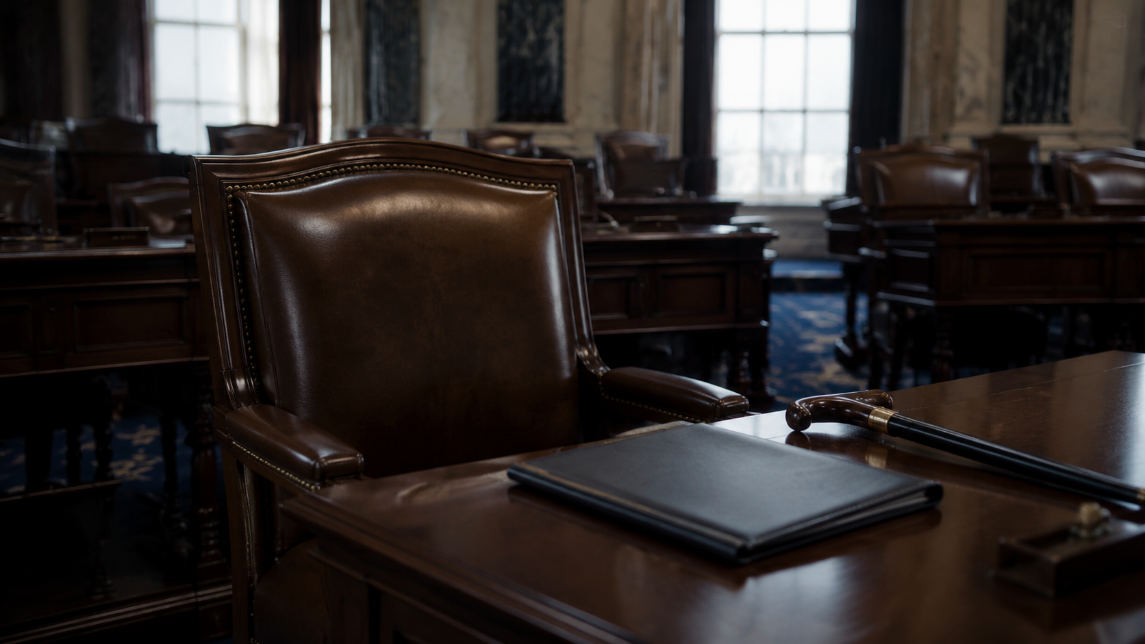 Symbolic empty Senate chair with a walking cane and closed folder