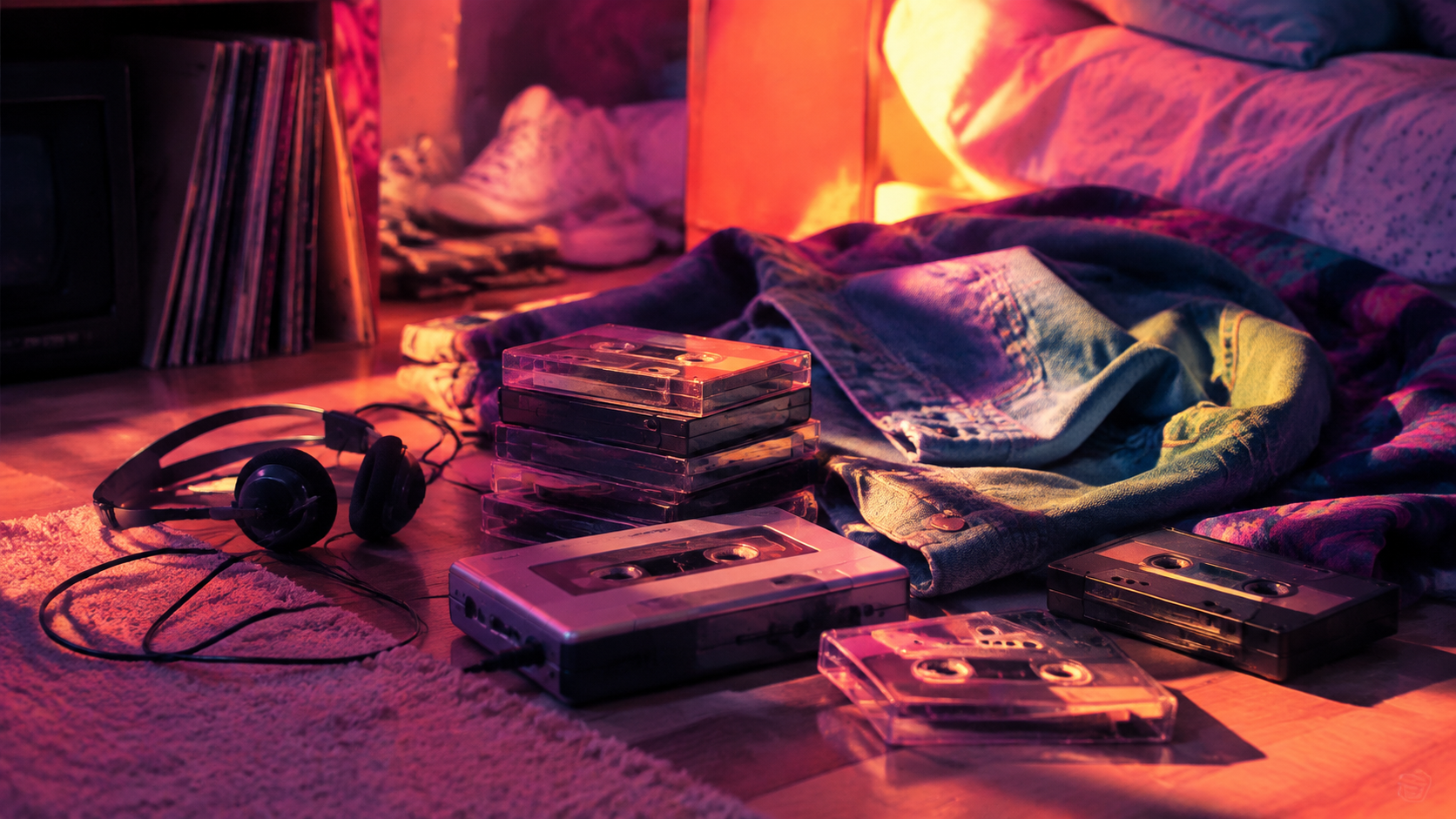 Cassette tapes portable player wired headphones and denim in a neon-lit bedroom