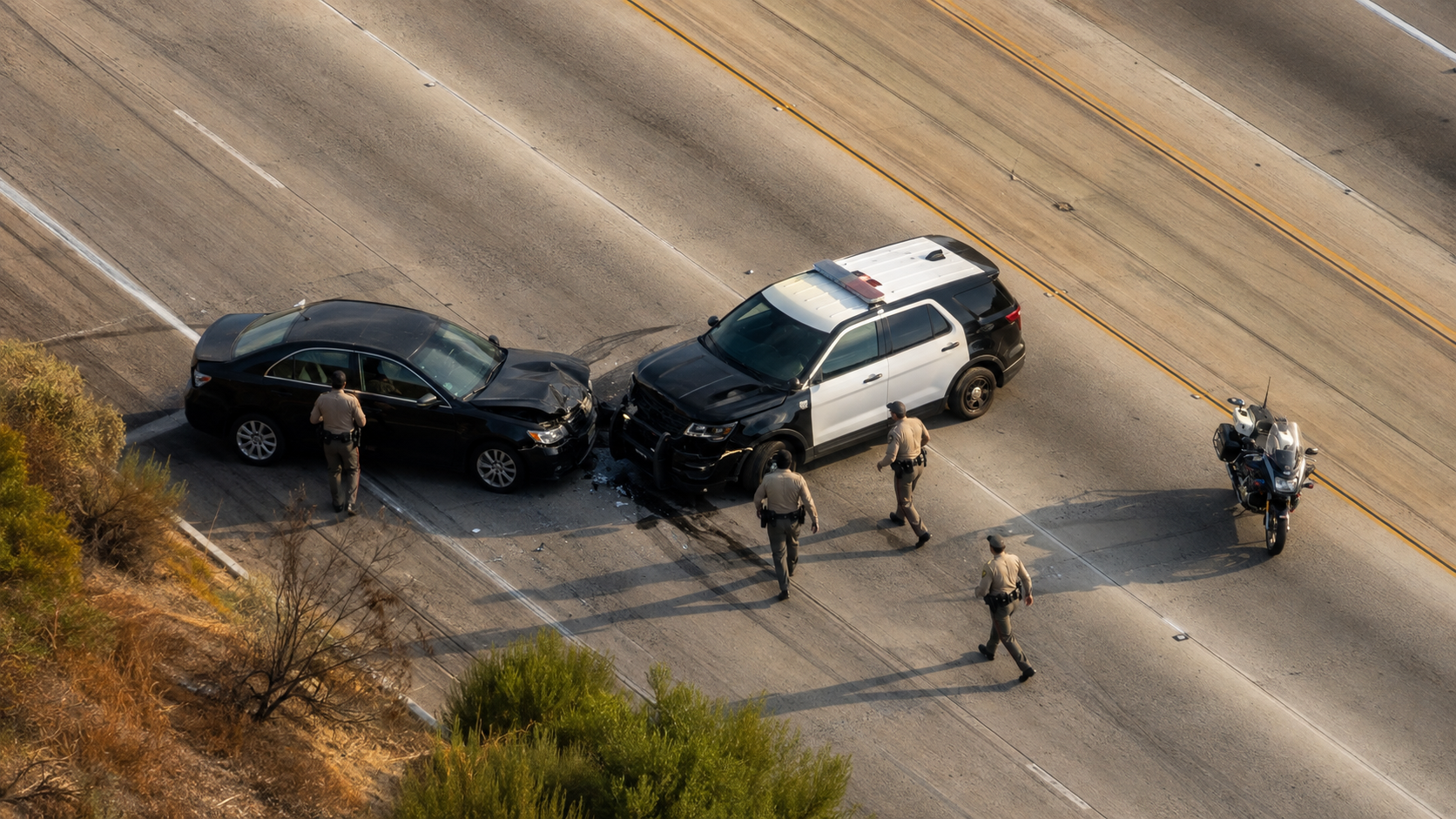 Aerial editorial illustration of a black sedan after a collision with a highway patrol SUV on a Los Angeles freeway