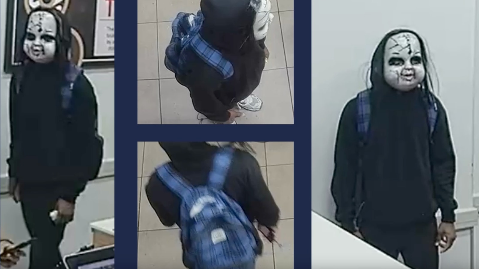 Police-released images of the doll-style mask and suspect sought in Philadelphia