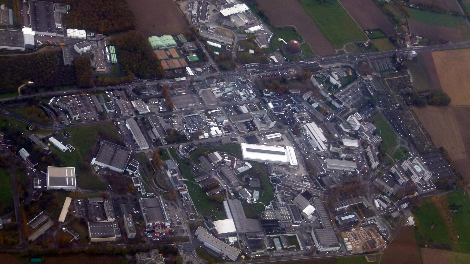 Aerial view of CERN facilities near Geneva