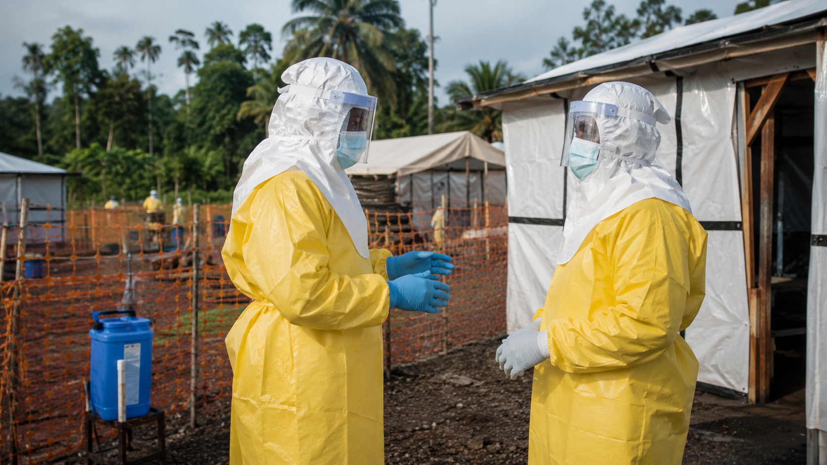 Editorial illustration of two Ebola response workers in protective equipment outside a field clinic