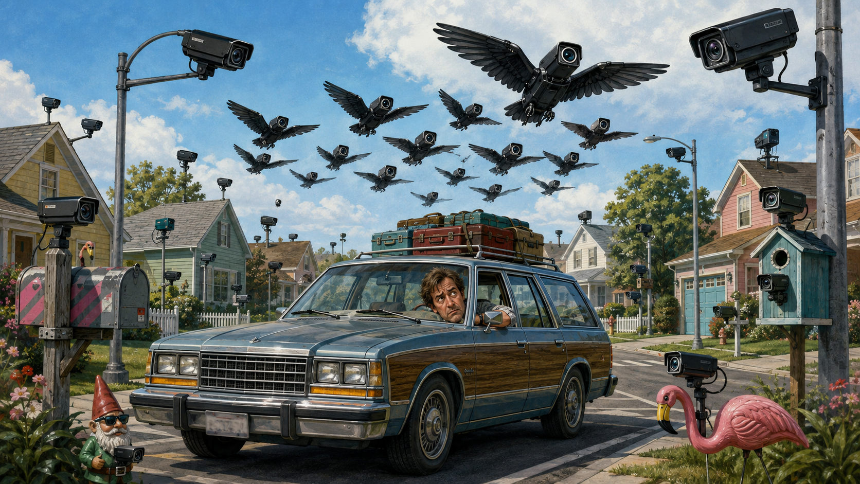 Editorial illustration of a Gen X driver surrounded by surveillance cameras and robotic camera birds in an American neighborhood