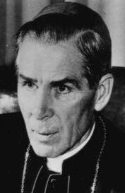 Black-and-white portrait of Catholic broadcaster Bishop Fulton J. Sheen in 1956