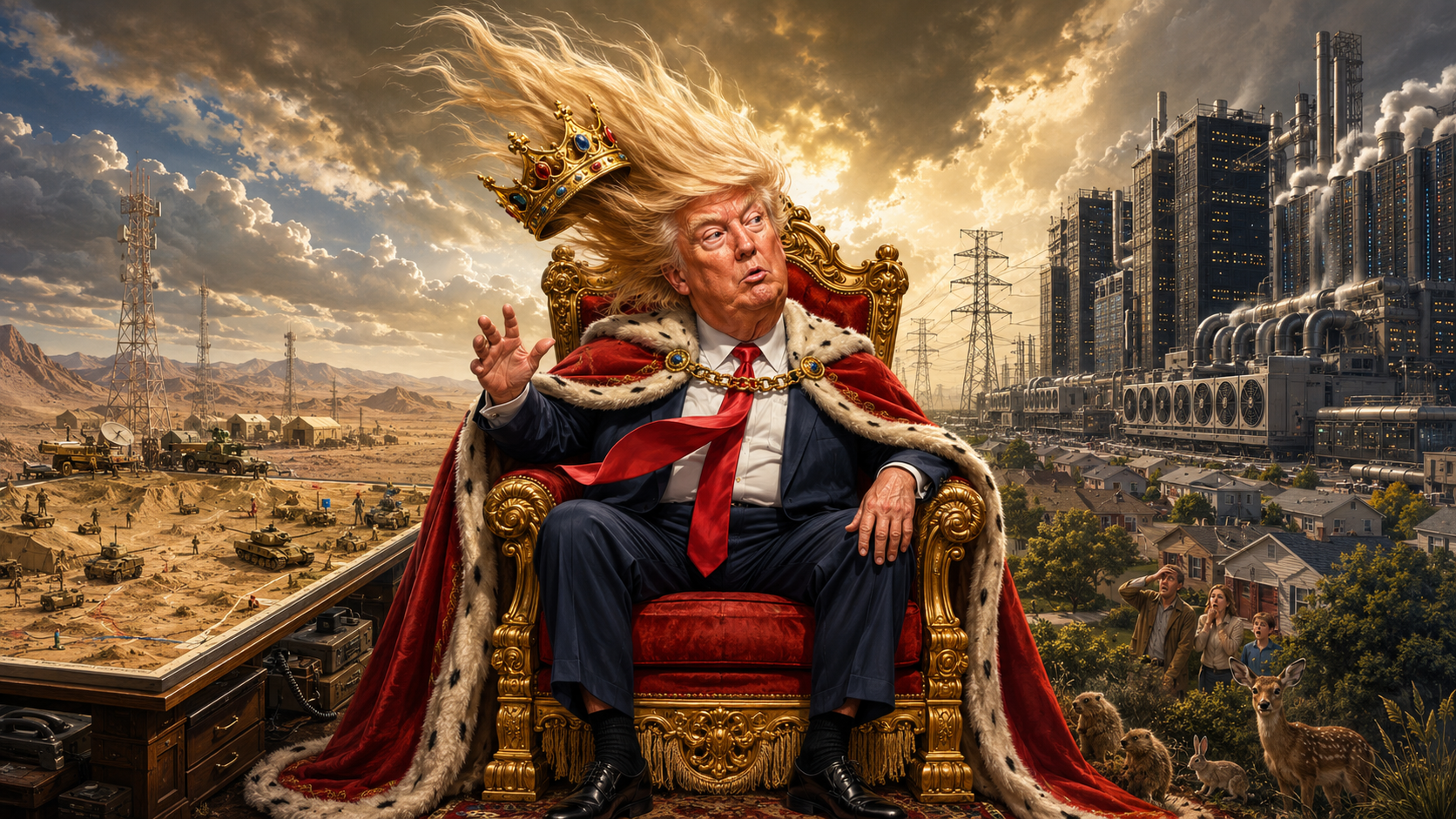 Political caricature of Donald Trump as a windblown king between a battlefield map and a massive data center beside homes and wildlife