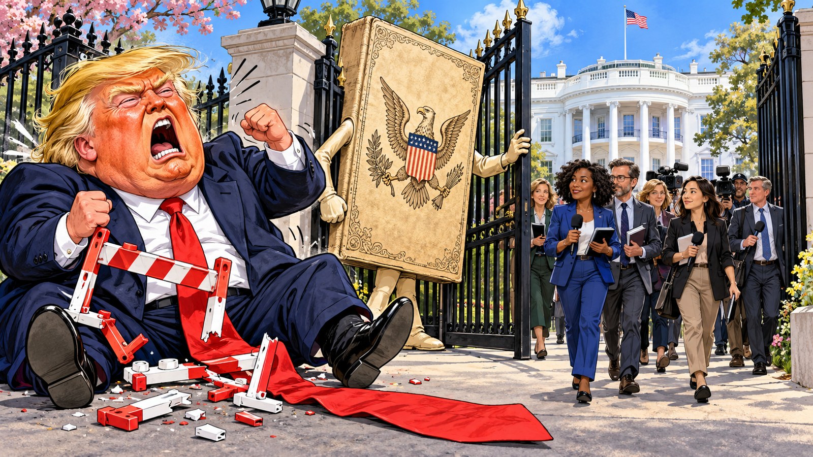 Satirical cartoon of Donald Trump losing a toy barricade fight as journalists enter the White House