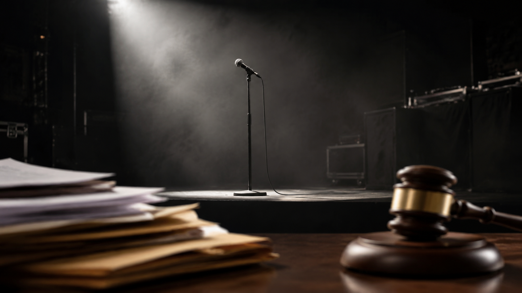 Editorial illustration of an empty concert microphone with courtroom papers and a gavel