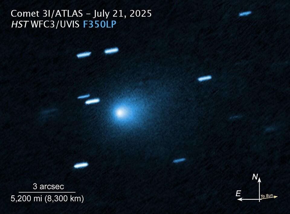 Hubble telescope observation of interstellar comet 3I/ATLAS on July 21, 2025, with orientation and scale annotations