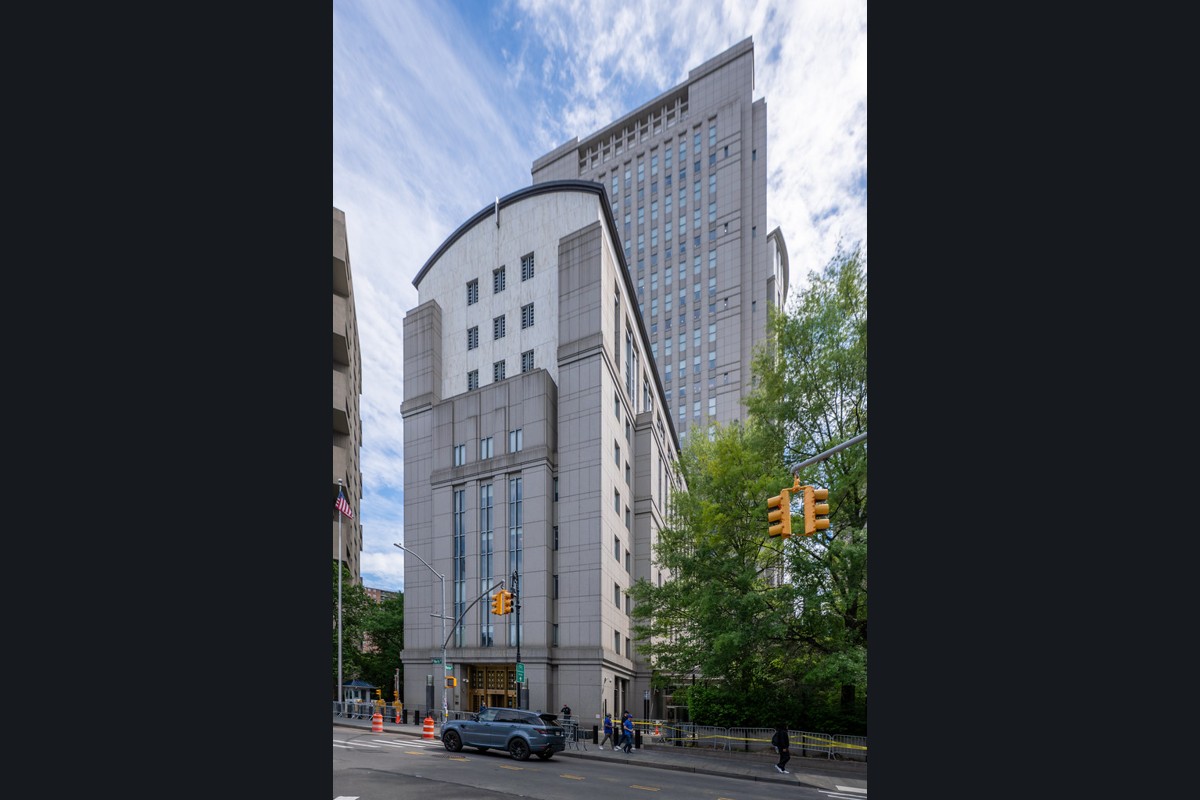 File photograph of the Daniel Patrick Moynihan United States Courthouse in Manhattan, with its curved lower facade and tall tower.
