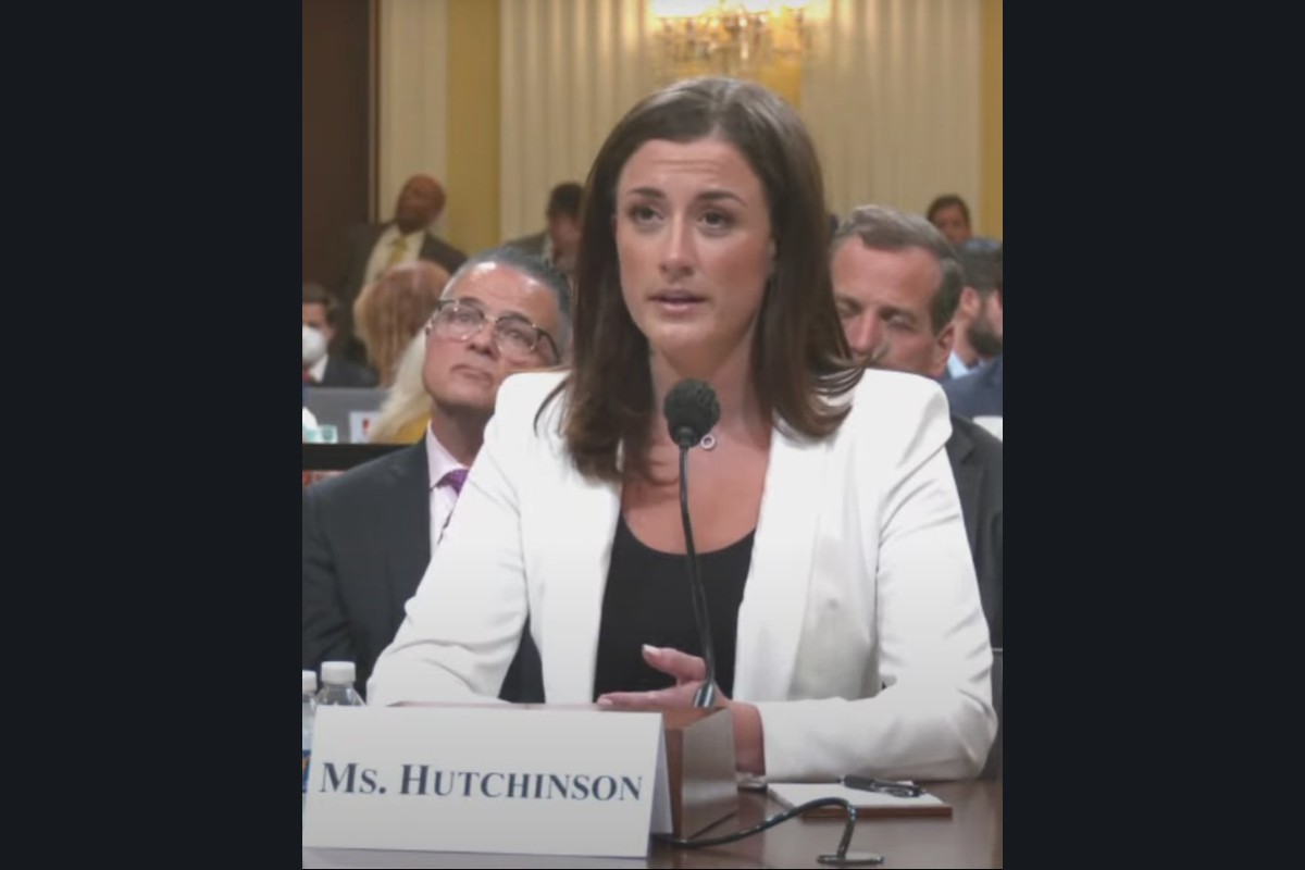 Historical camera image of Cassidy Hutchinson seated at a microphone during her June 28, 2022 House committee testimony.