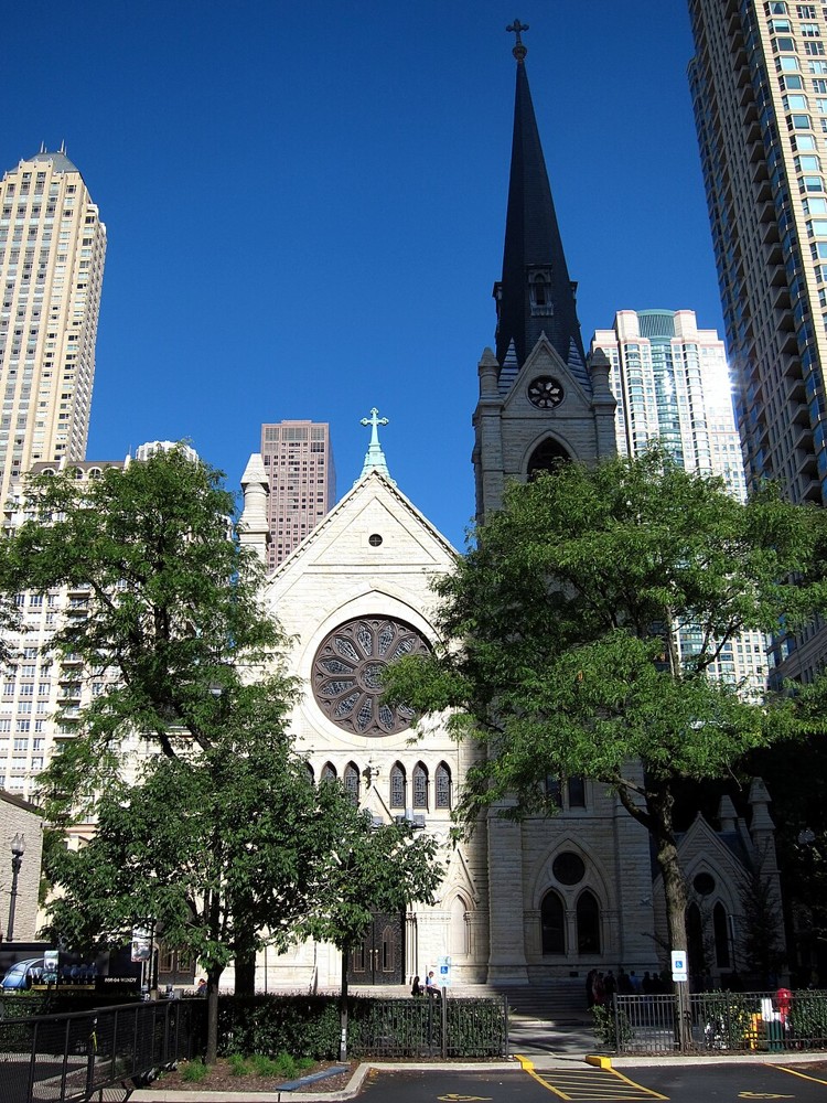 The exterior of Holy Name Cathedral in Chicago photographed in 2012
