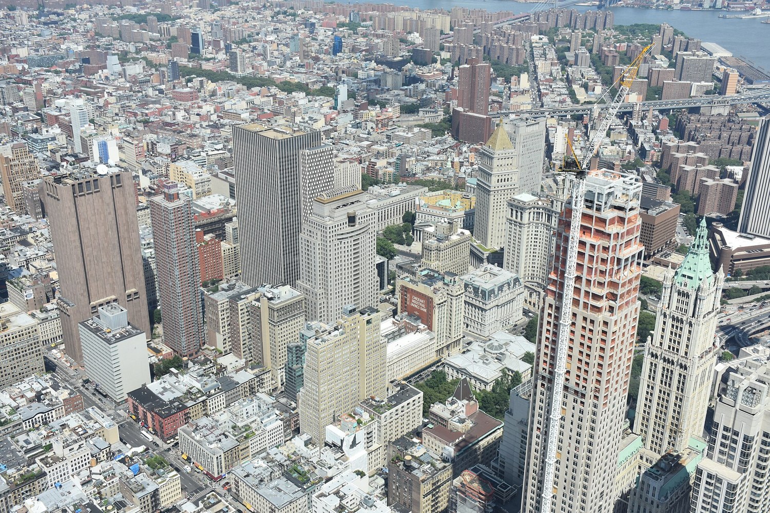 Aerial view of courthouse buildings in lower Manhattan
