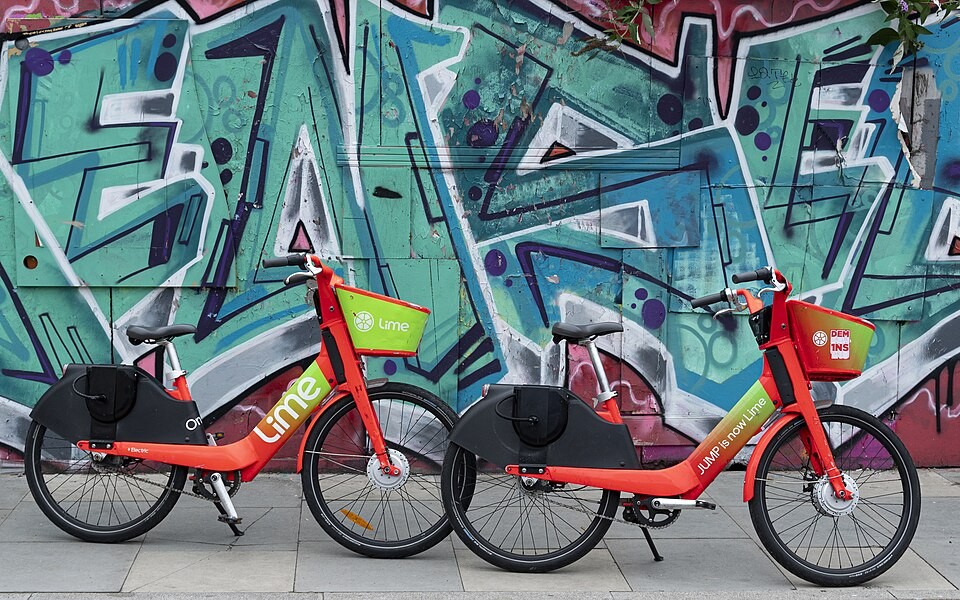 Lime rental bicycles parked in Hackney Wick, London, in August 2021