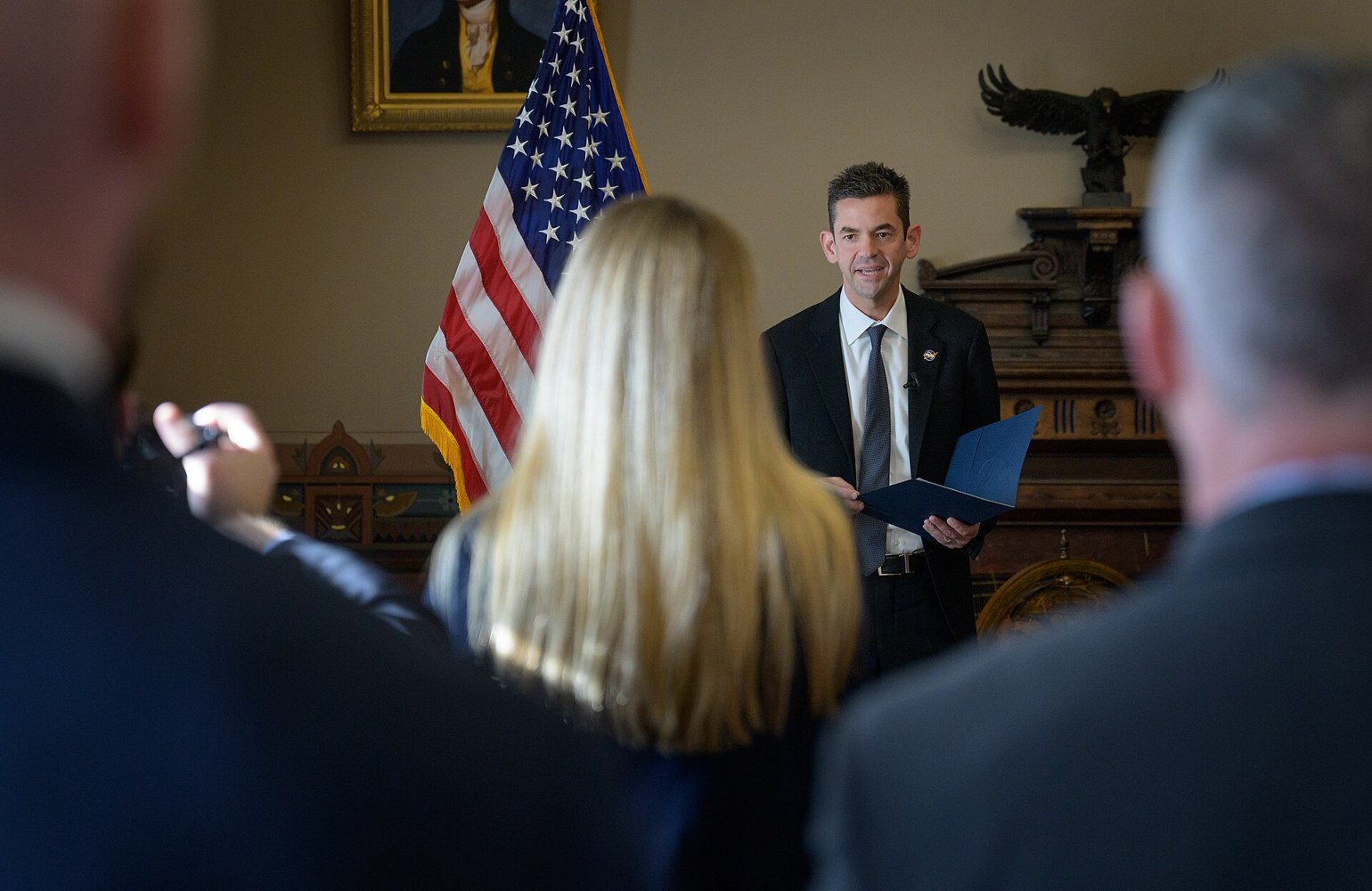 NASA Administrator Jared Isaacman speaking at an event