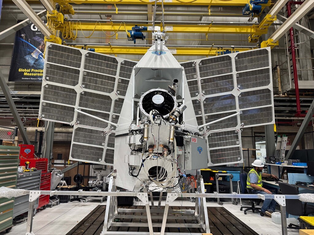 The EXCITE telescope payload suspended in a NASA testing facility