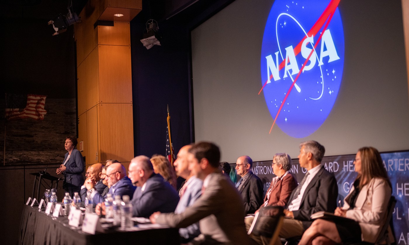 Nicola Fox speaking beside seated panelists at NASA’s May 31, 2023 UAP public meeting.