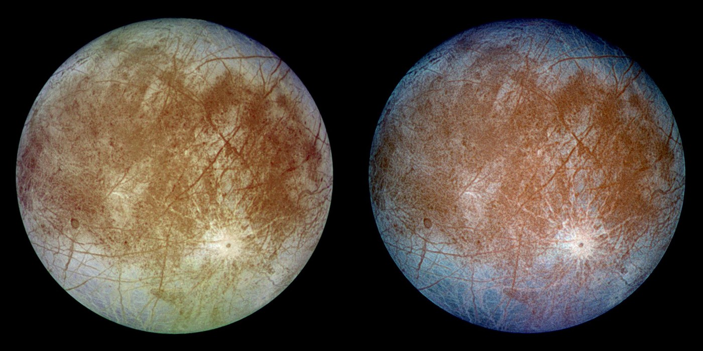 Natural-color and false-color spacecraft views of Europa