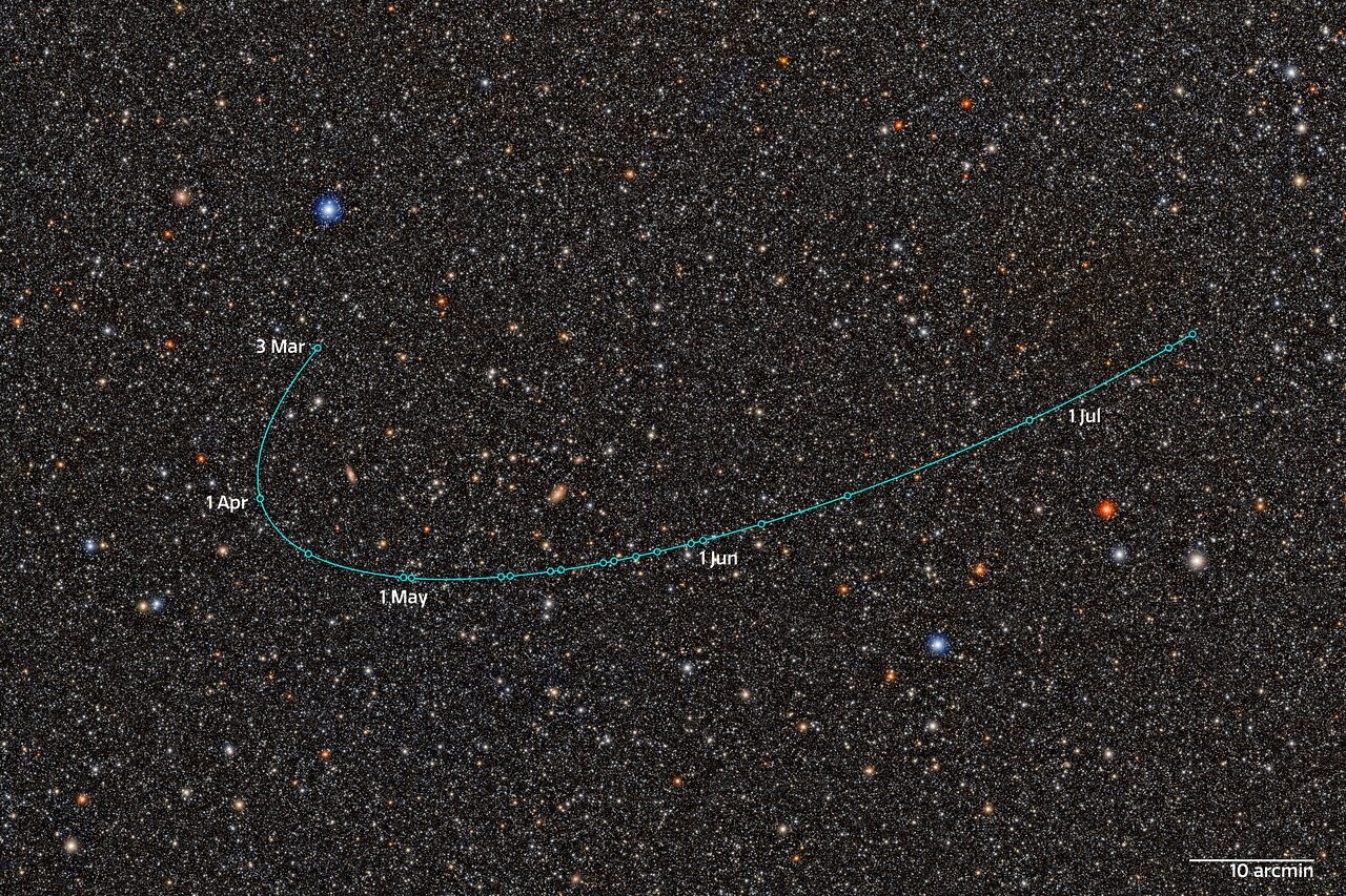 Processed photographic star field with an overlaid turquoise track marking 2026 ED138’s observed path.