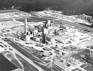 Historical black-and-white aerial photograph of Savannah River Site facilities, unrelated to the October 28 laboratory fire.