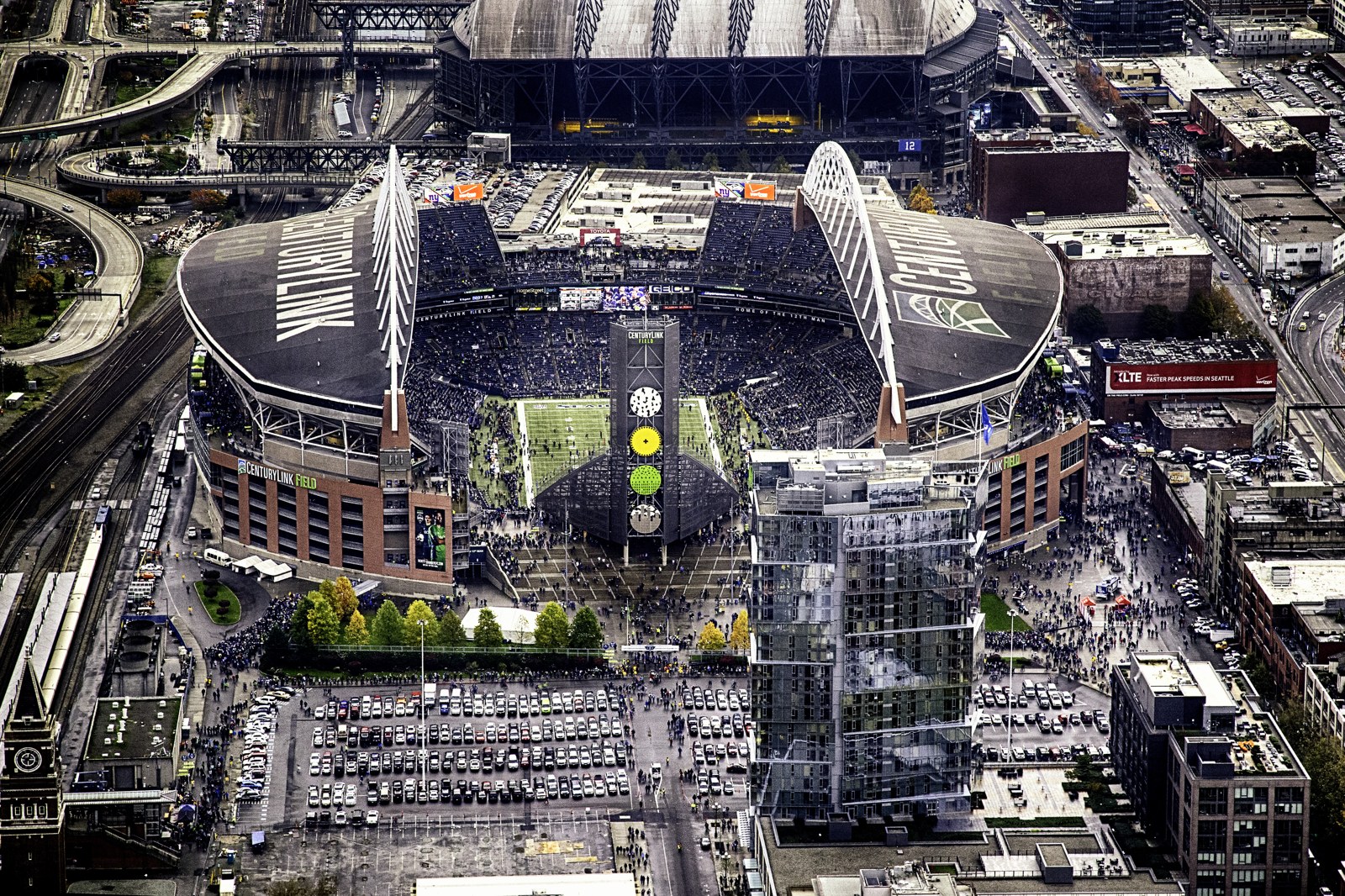 Aerial view of Seattle’s stadium, then called CenturyLink Field, before a game in November 2014