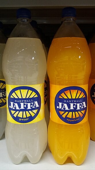 Hartwall Jaffa grapefruit and orange soda bottles in a Helsinki supermarket