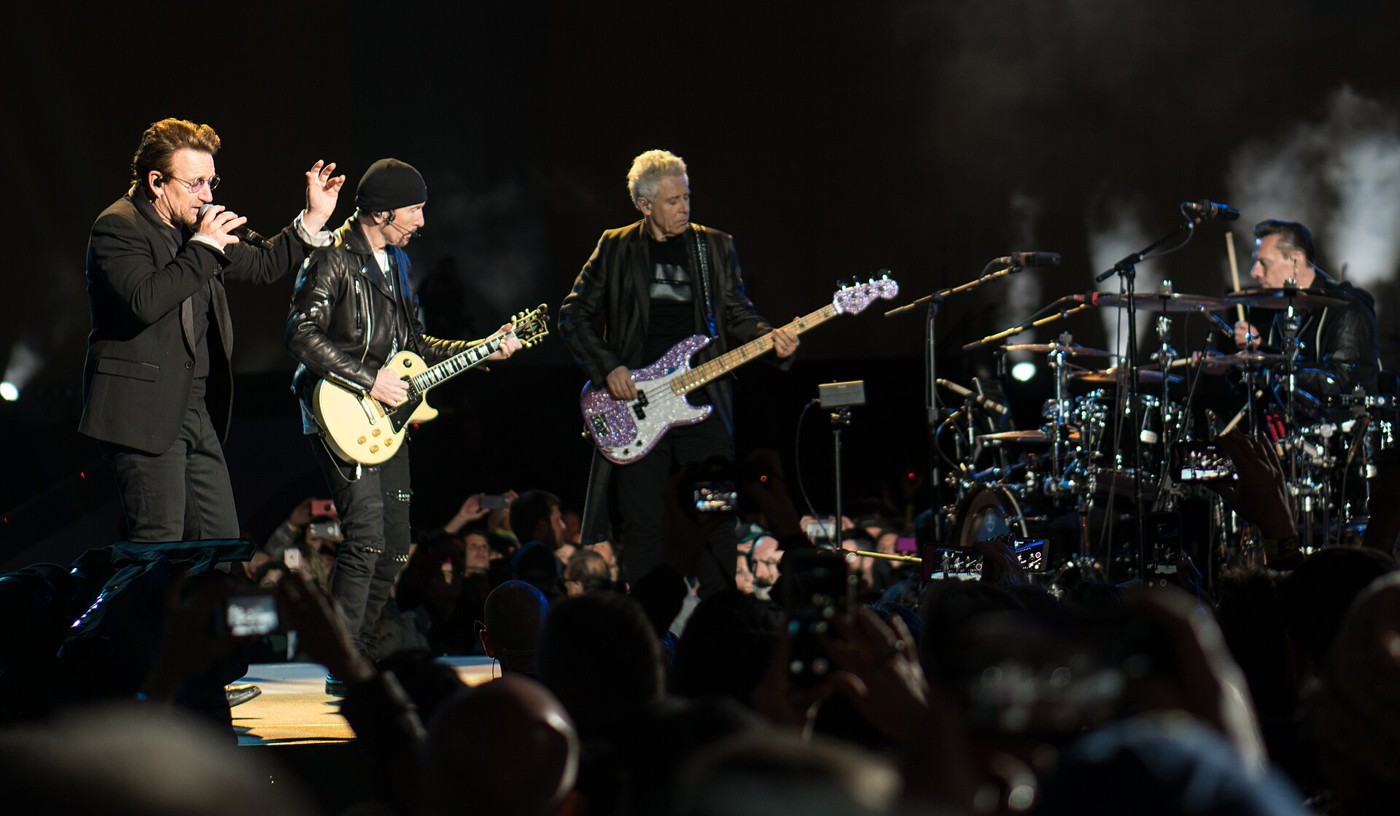U2 performing together on a Seattle stage in May 2017