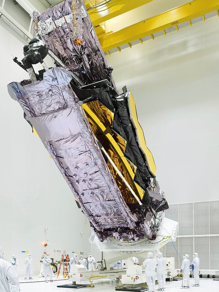 The James Webb Space Telescope inside a cleanroom before launch in 2021