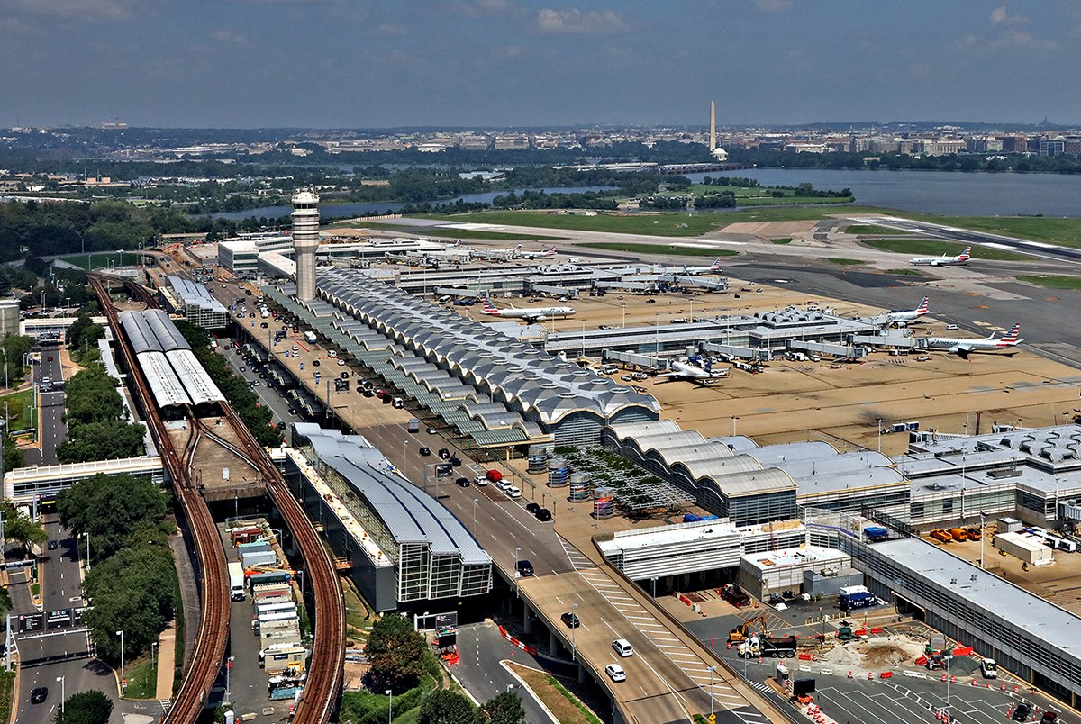 An aerial file photograph of Ronald Reagan Washington National Airport and its terminals in 2021.