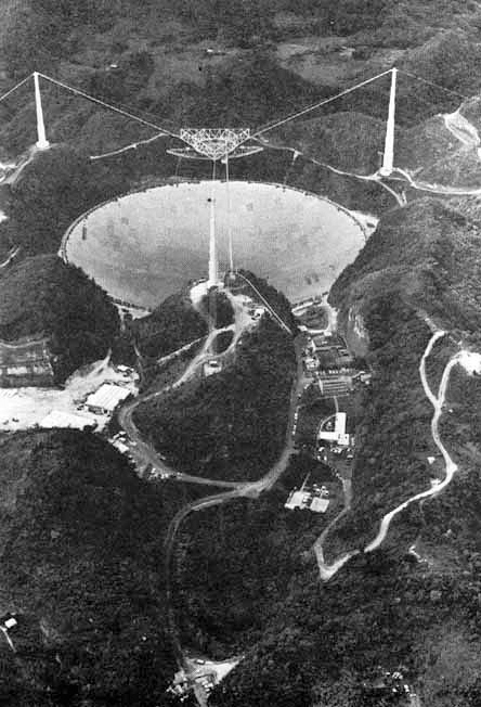 Historical black-and-white photograph of the Arecibo Observatory dish and surrounding hills.